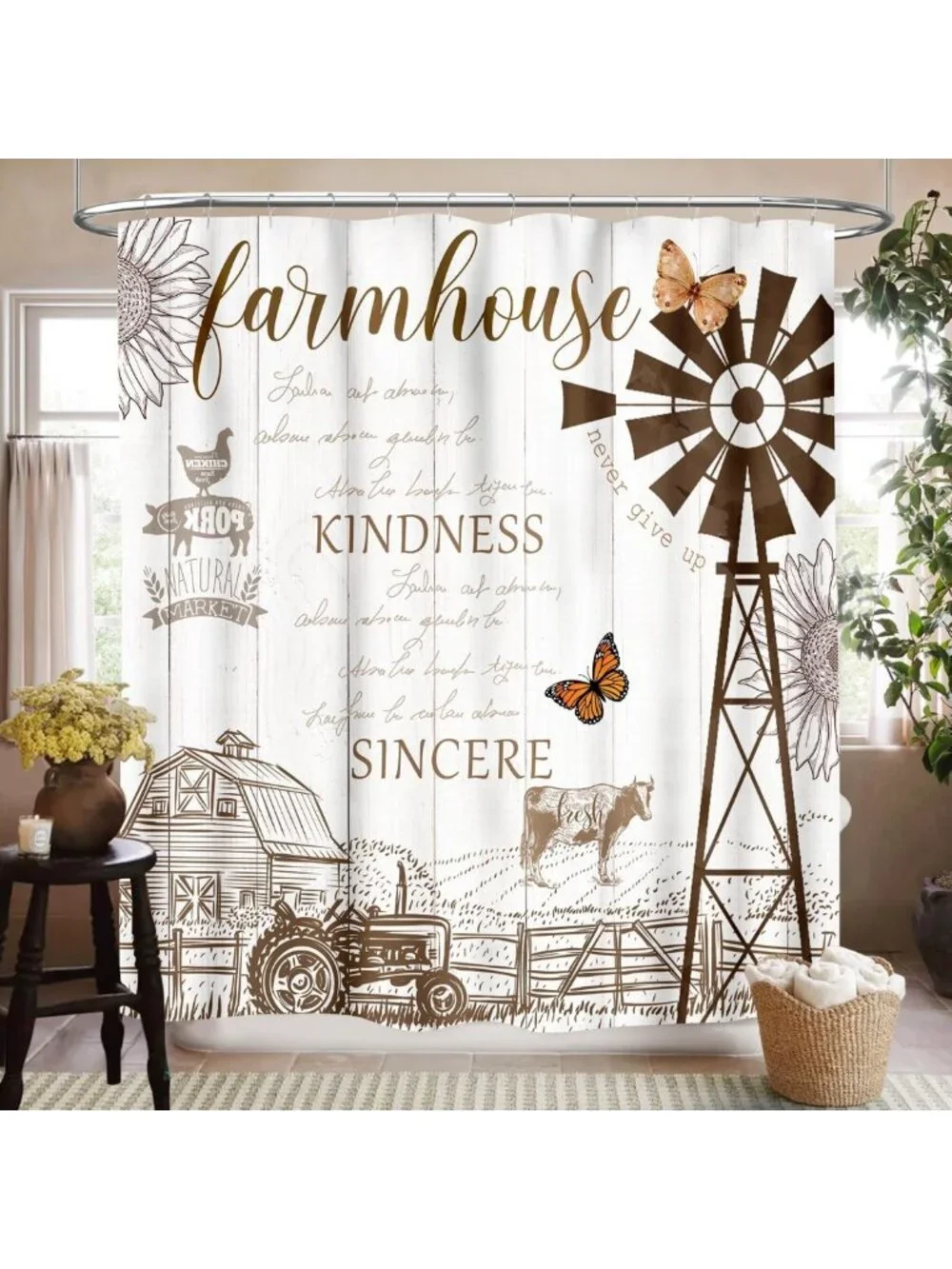 Rustic Farmhouse Shower Curtain Set - Waterproof Country Animal Design, 72